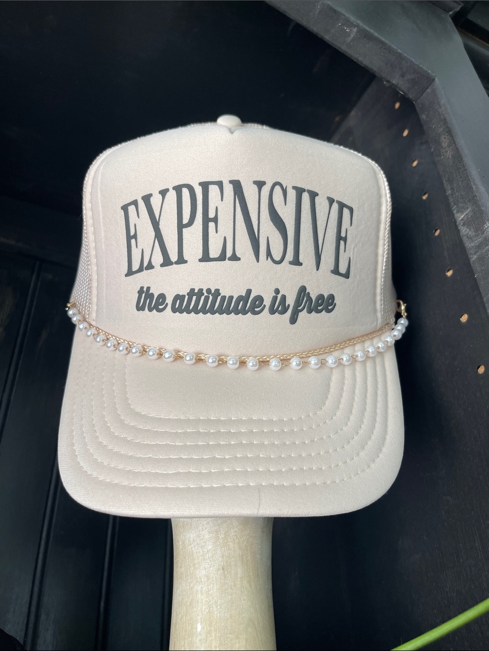 Beige "EXPENSIVE" Cap with Pearl Chain - Women Accessories